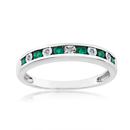 Genuine Round Emerald and .015 ct. tw. Diamond Channel Set Fashion Ring in 10K White Gold