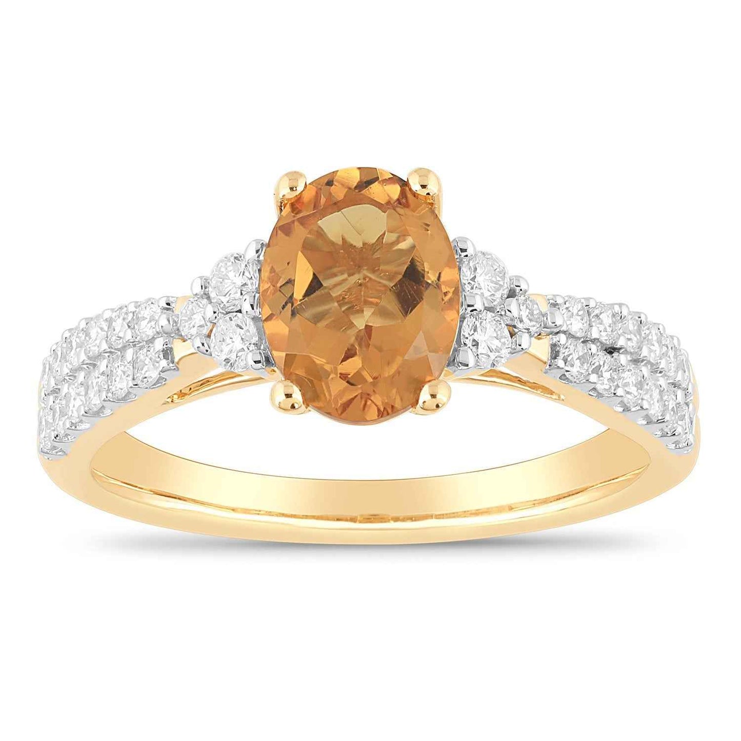 Oval Citrine and .34 ct. tw. Diamond Ring with Triple Side Stones and Double Row Diamonds on Band in 10K Yellow Gold