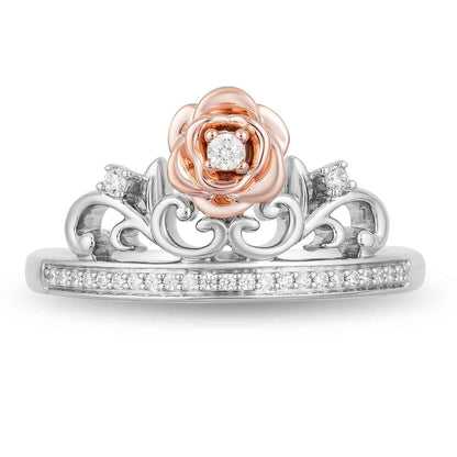 Enchanted Disney Belle 1/10 ct. tw. Rose Tiara Ring in Sterling Silver and 10K Pink Gold Rose