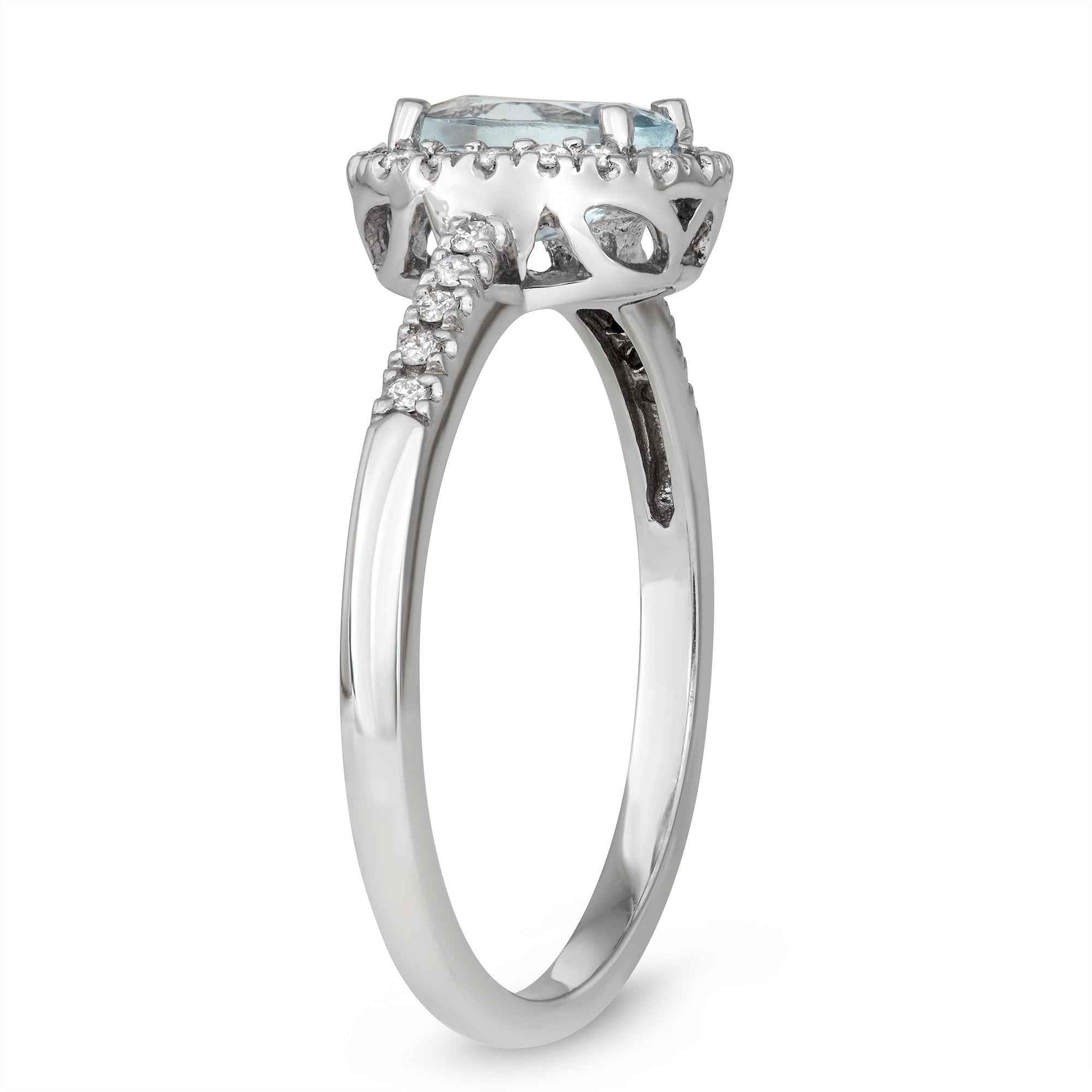 Genuine Oval Aquamarine Fashion Ring with 1/8 ct. tw. Diamond Halo & Band in 10K White Gold front view