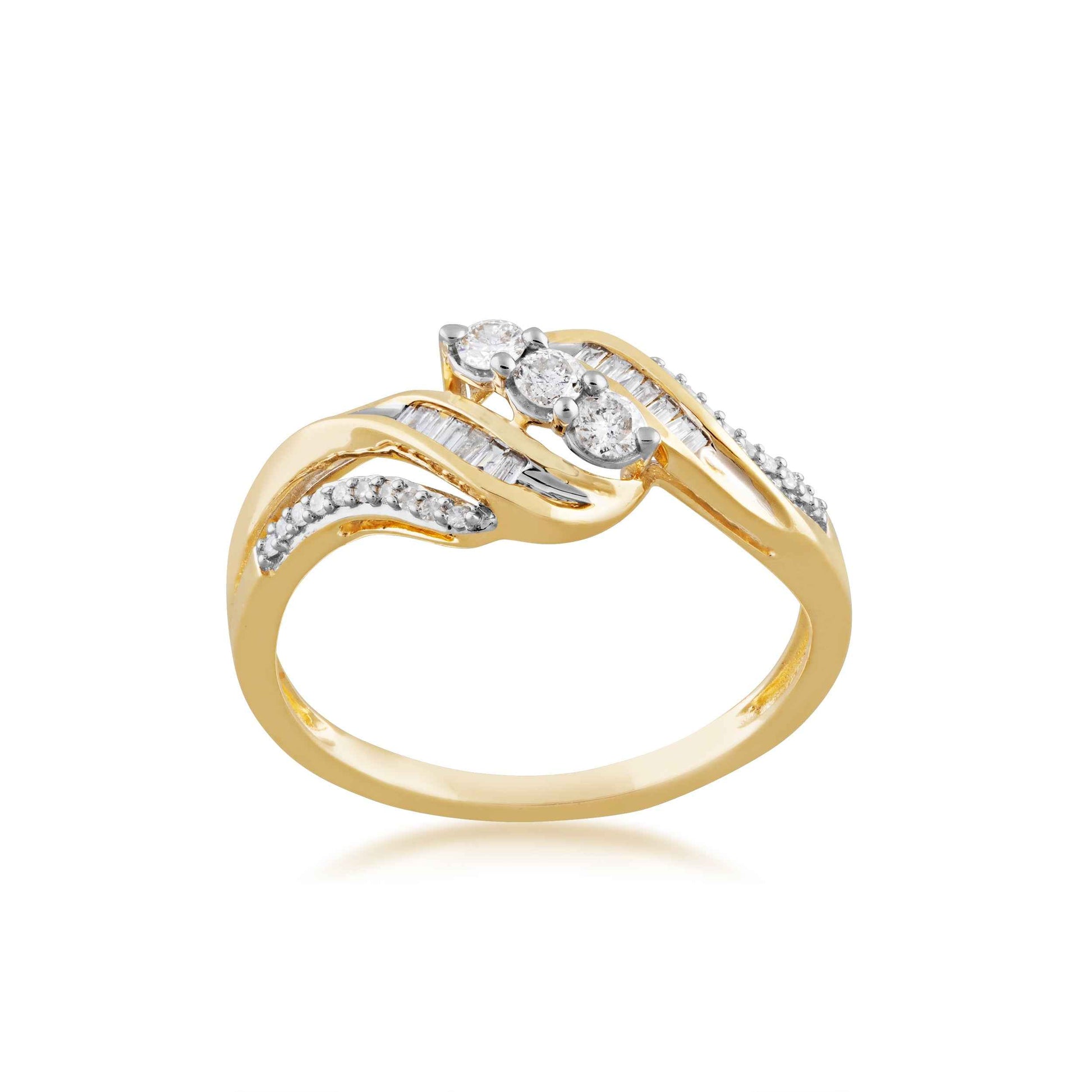 1/4 ct. tw. Diamond Fashion Ring with 3-Stone Center and Side Swish Baguette Design in 10K Yellow Gold
