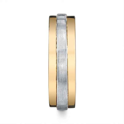 MFIT Men's Satin Center Wedding Band in 10k White and Yellow Gold close-up detail