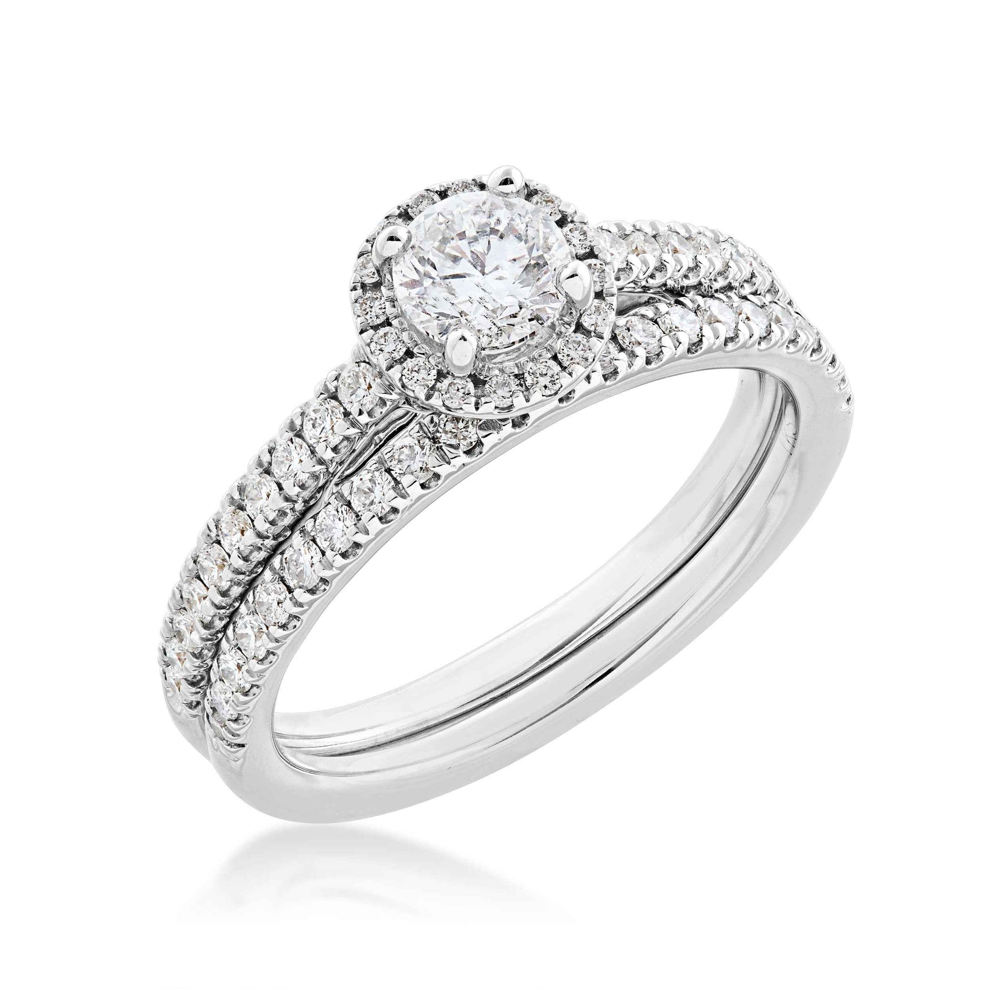 Noventa 1 ct. tw. Classic Round Diamond Halo Wedding Set with Undercarriage Cutout Diamond Band in 14K White Gold front view