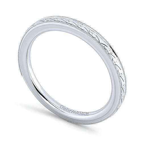 Gabriel & Co. Wedding Band with Carved Design and Milgrain Detailing in 14K White Gold front view