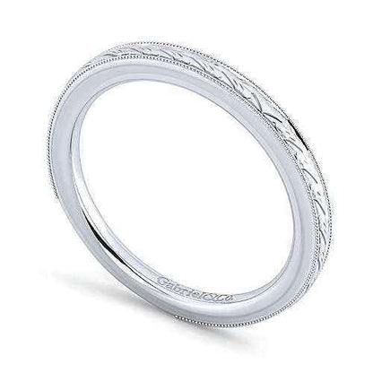 Gabriel & Co. Wedding Band with Carved Design and Milgrain Detailing in 14K White Gold front view