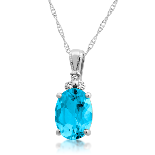 Genuine Oval Blue Topaz & Diamond Pendant in Sterling Silver
