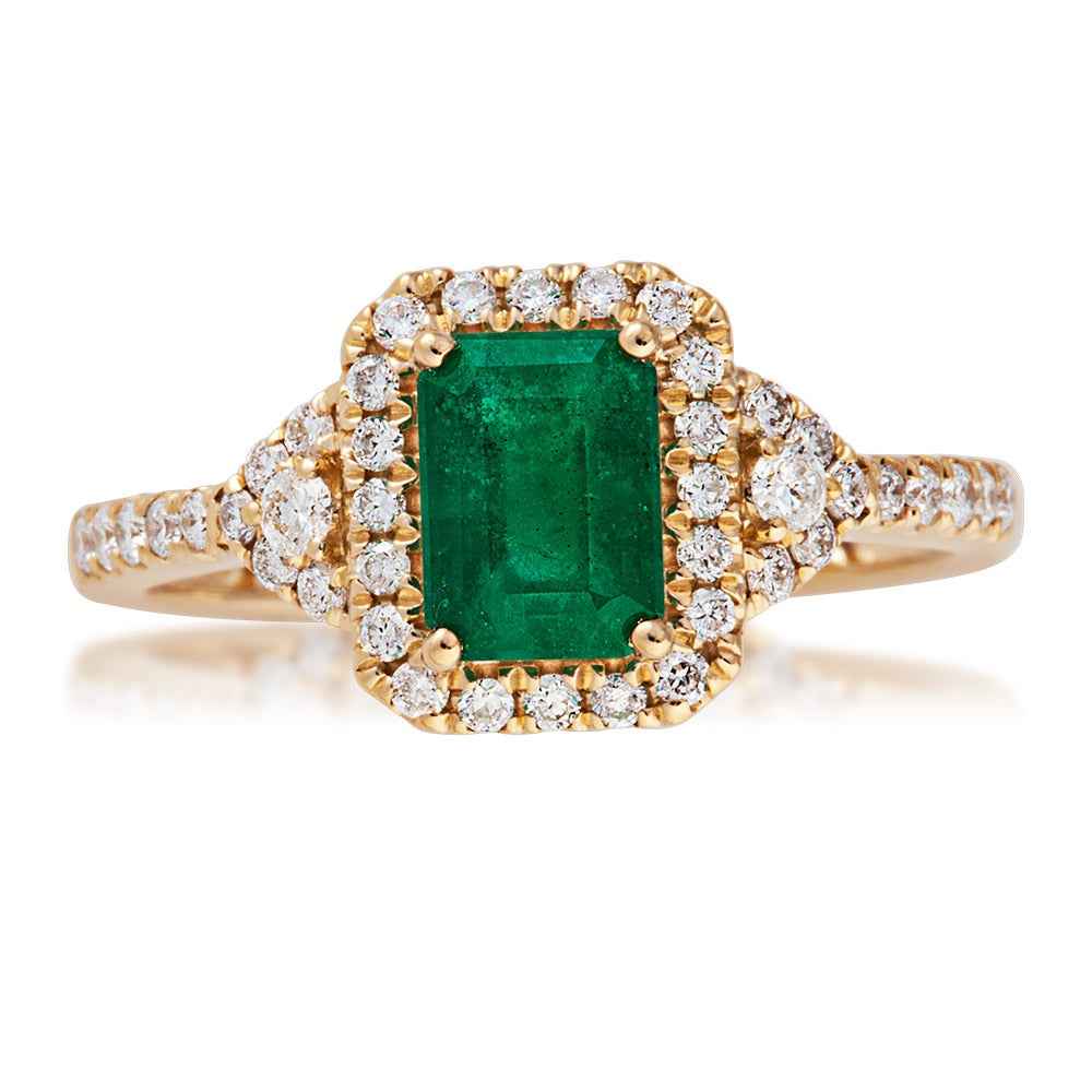 Emerald and Diamond Ring in 14 Kt. Yellow Gold front view