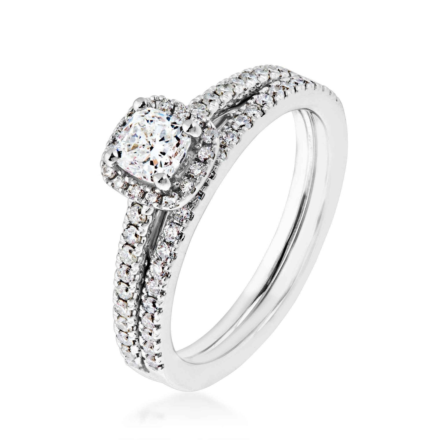 Natural 7/8 ct. tw. Cushion Diamond Halo Wedding Set in 14K White Gold close-up detail