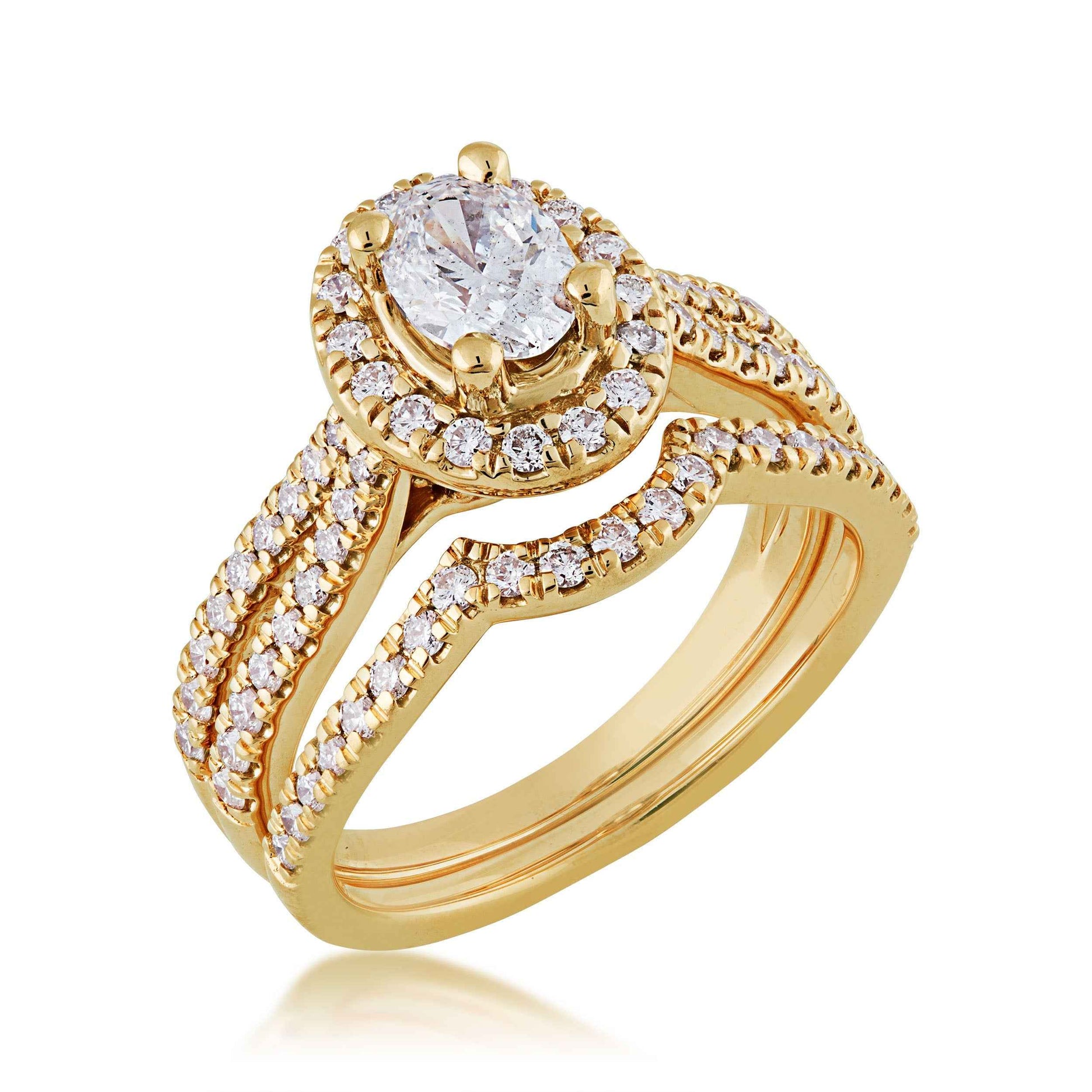 Noventa 1-1/2 ct. tw. Oval Diamond Halo Wedding Set with Cut-Out Band in 14K Yellow Gold close-up detail