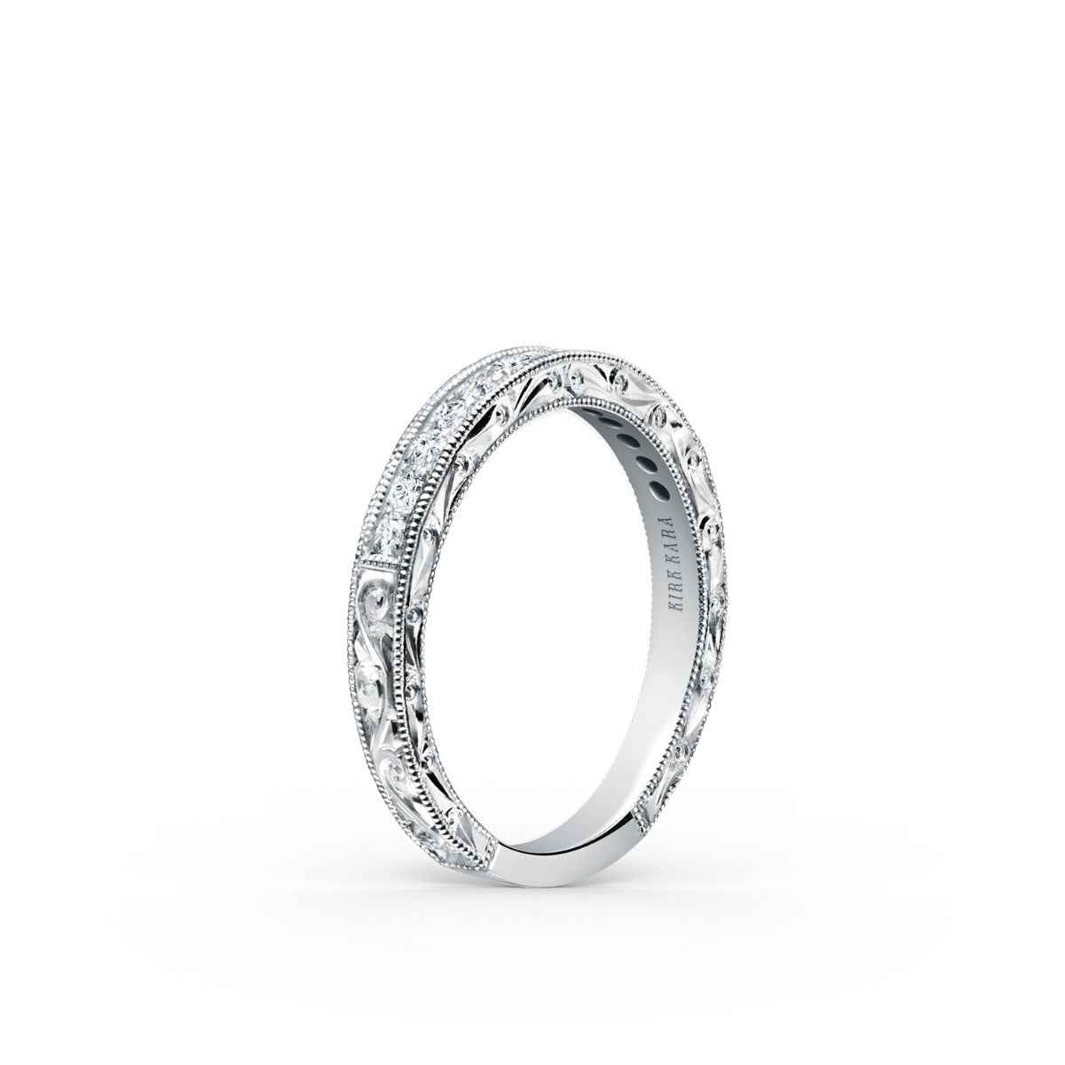 Kirk Kara 1/5 ct. tw. Round Diamond Wedding Band with Filigree Detailing and Vintage Carved Design in 18K White front view