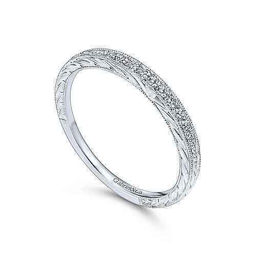 Gabriel & Co. .10 ct. tw. Vintage Style Wedding Band with Side Carving and Milgrain Detailing in 14K White close-up detail