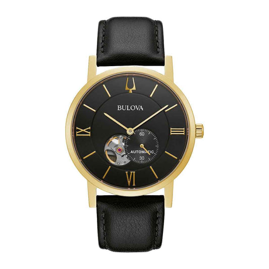 Bulova Men's American Clipper Stainless Steel Watch with Black Dial and Leather Strap