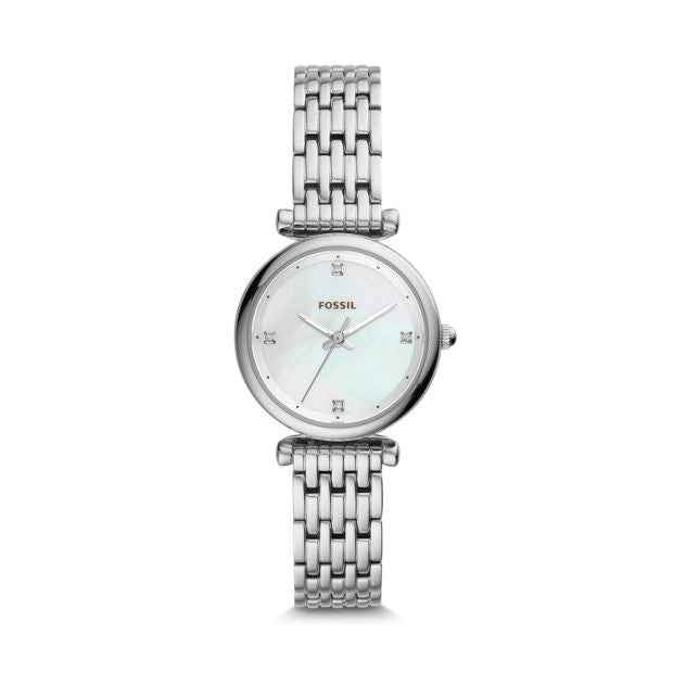 Fossil Ladies' Carlie Analog Watch with Silver Bracelet and Mother-of-Pearl Dial