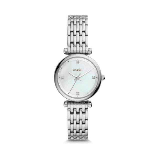 Fossil Ladies' Carlie Analog Watch with Silver Bracelet and Mother-of-Pearl Dial