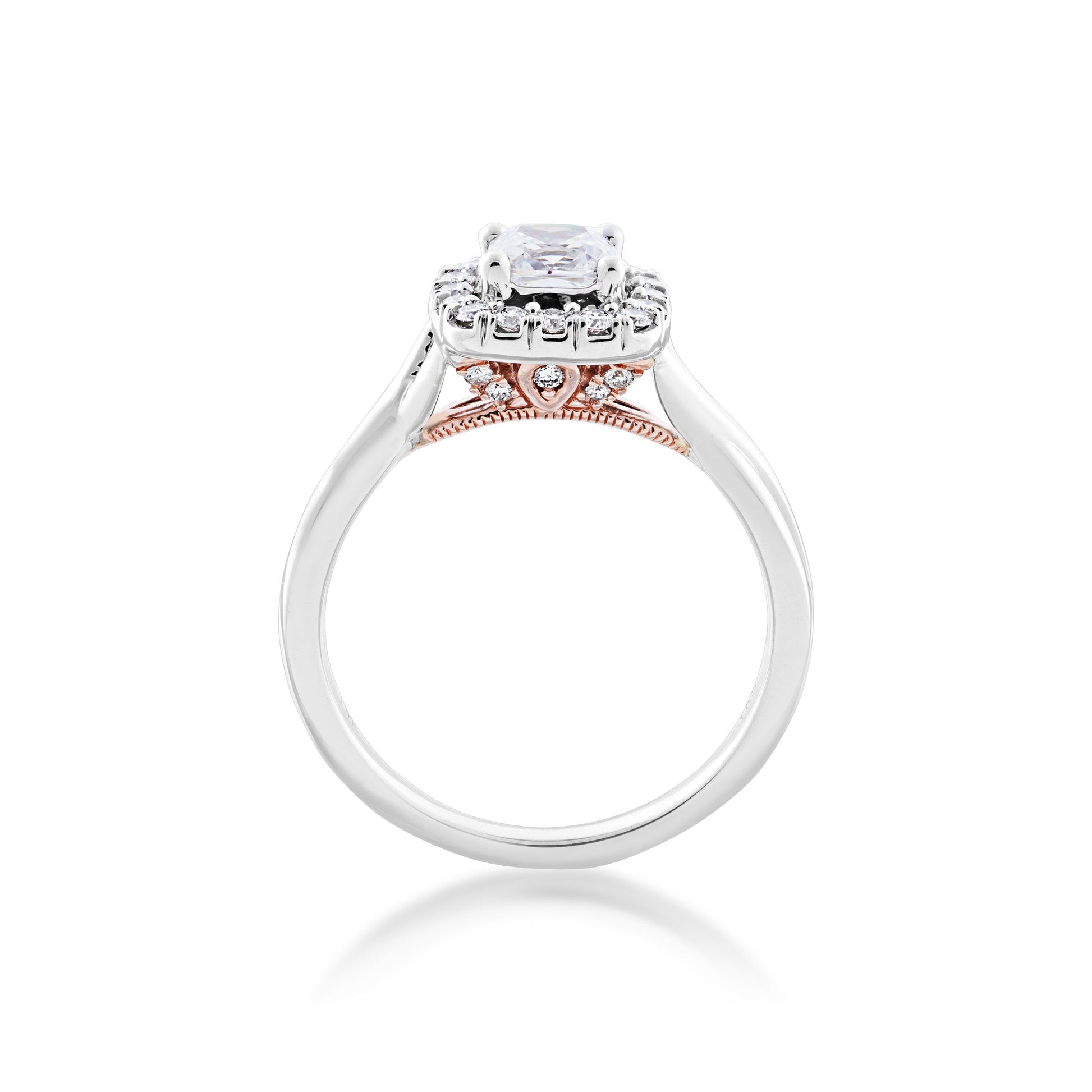 Noventa 1-1/8 ct. tw. Cushion Cut Diamond Halo Wedding Set with Twist Band in 14K White & Pink Gold side profile