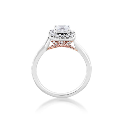 Noventa 1-1/8 ct. tw. Cushion Cut Diamond Halo Wedding Set with Twist Band in 14K White & Pink Gold side profile