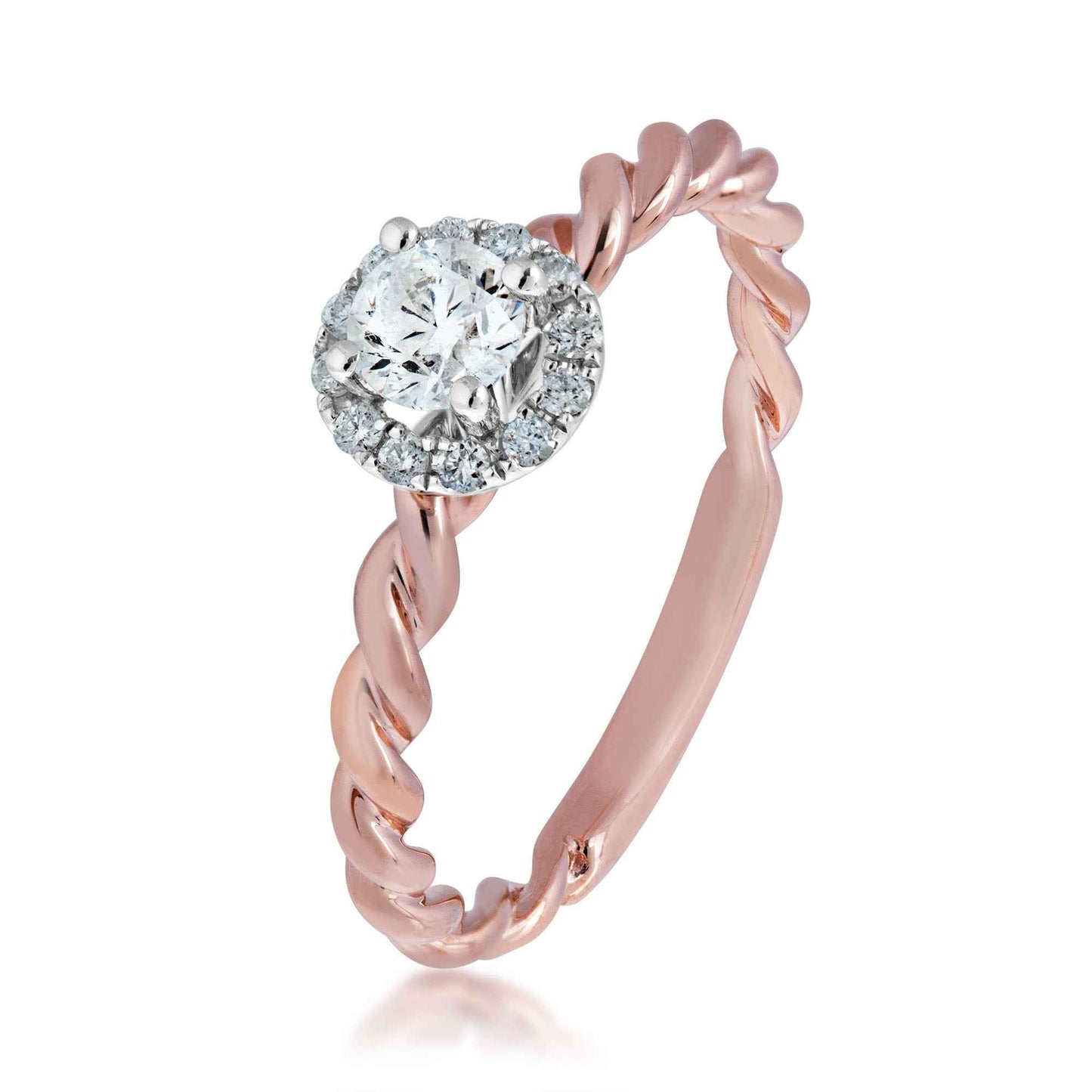 Natural 3/8 ct. tw. Round Diamond Halo Twist Engagement Ring in 10K Pink Gold front view