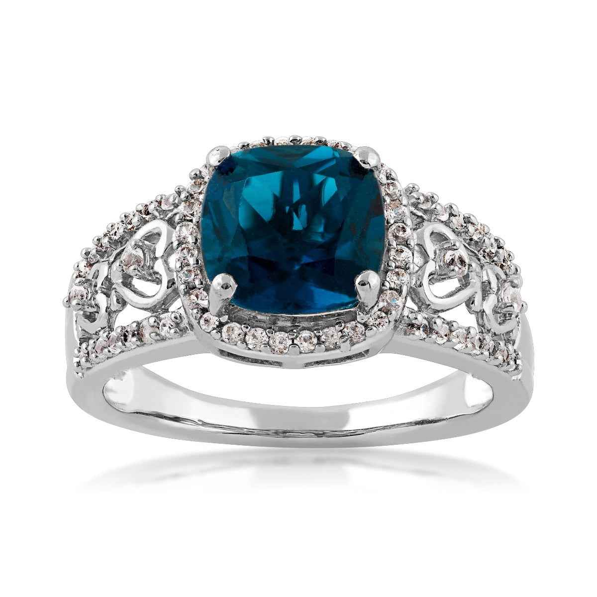 Cushion Cut London Blue Topaz Ring with White Sapphire Heart Accented Band & Halo in Sterling Silver