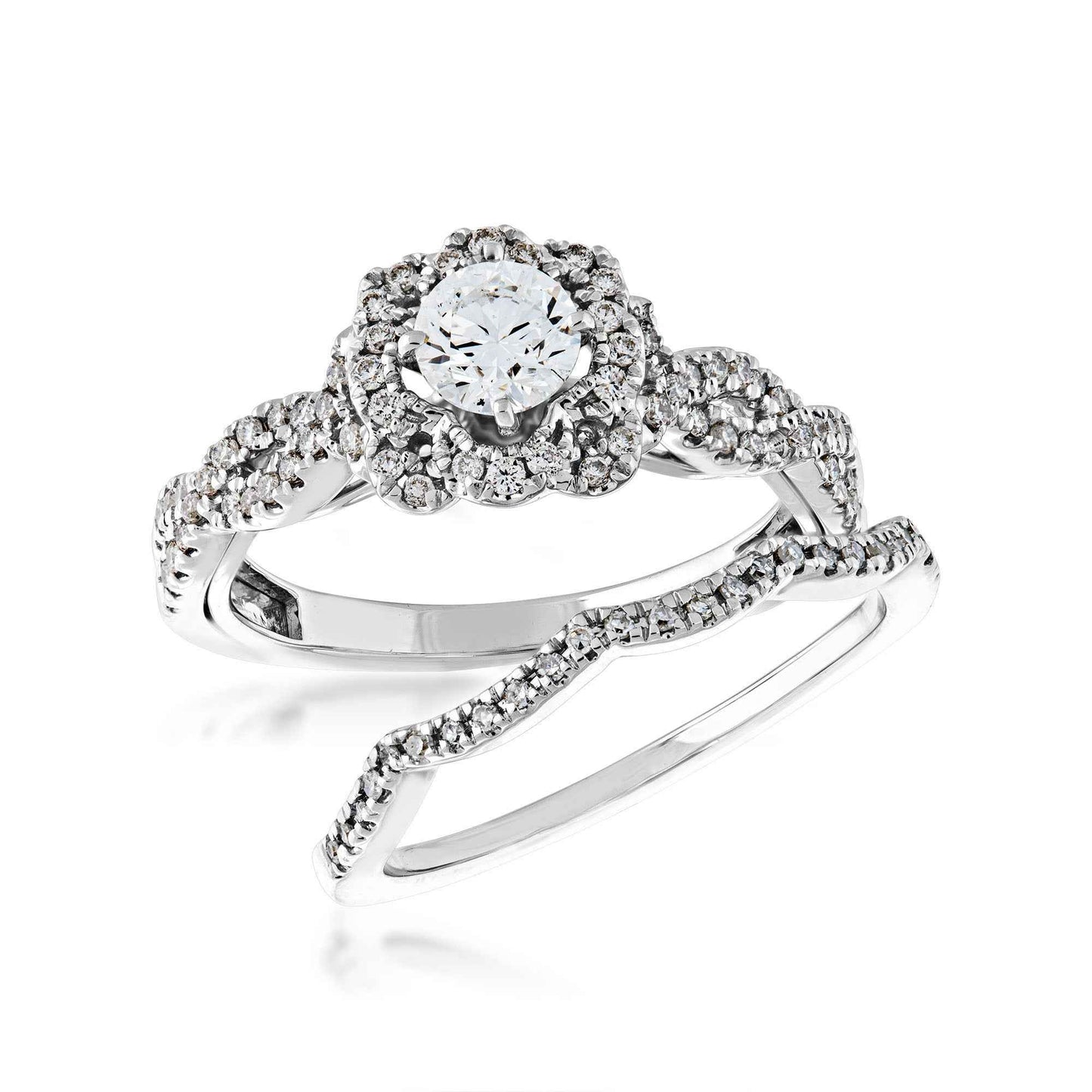 Elegance 7/8 ct. tw. Round Diamond Flower Inspired Halo Wedding Set with Twisted Band in 14K White Gold front view