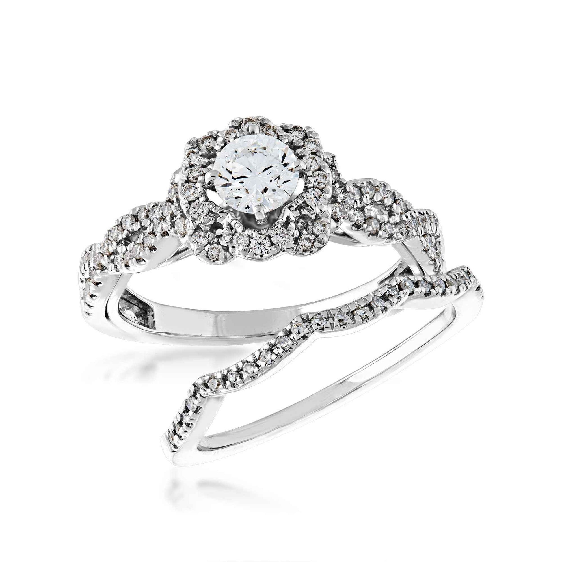 Elegance 7/8 ct. tw. Round Diamond Flower Inspired Halo Wedding Set with Twisted Band in 14K White Gold front view