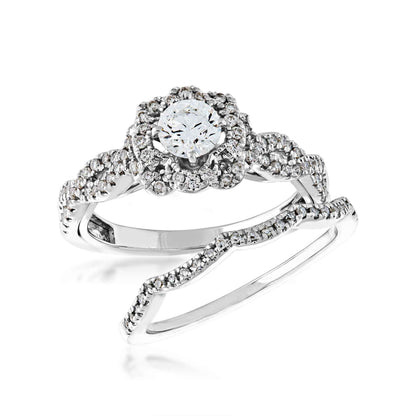 Elegance 7/8 ct. tw. Round Diamond Flower Inspired Halo Wedding Set with Twisted Band in 14K White Gold front view