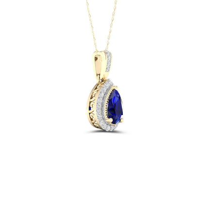 Pear Sapphire and Diamond Accent Halo Pendant with Milgrain and Filigree Detailing in 10K Yellow Gold front view