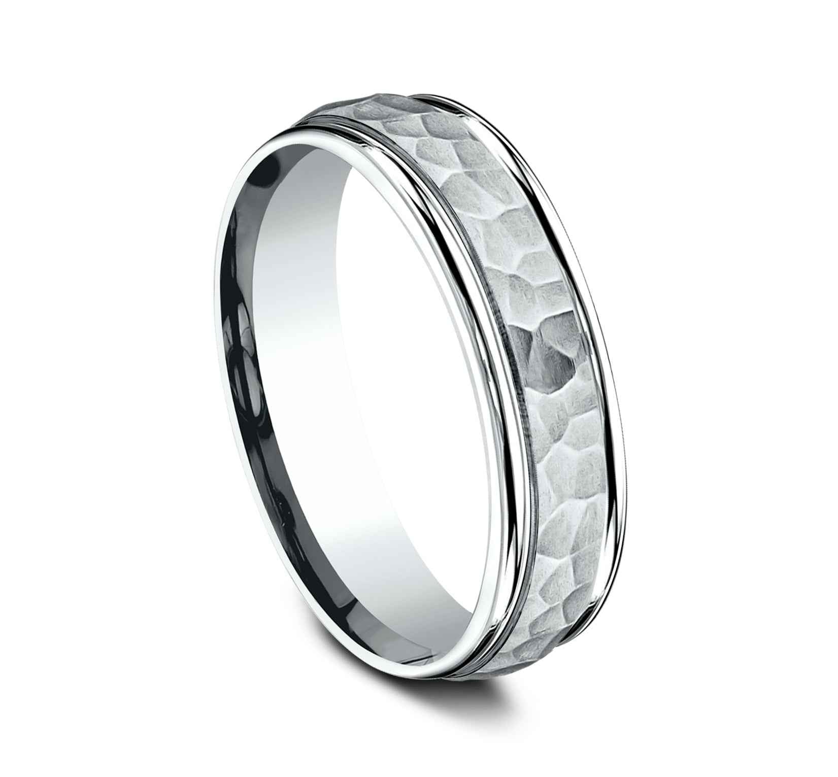 Benchmark Men's 6.0mm Wedding Band with Hammered Center Design in 14K White Gold close-up detail