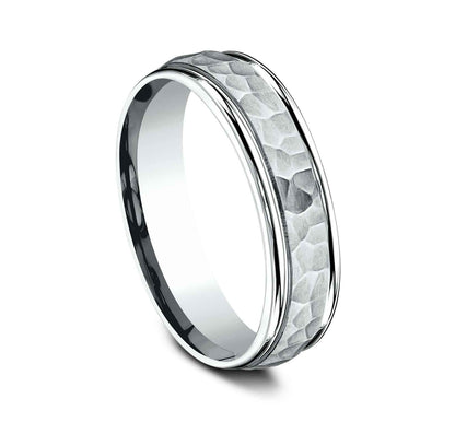 Benchmark Men's 6.0mm Wedding Band with Hammered Center Design in 14K White Gold close-up detail