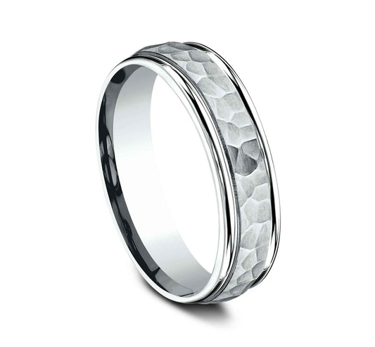 Benchmark Men's 6.0mm Wedding Band with Hammered Center Design in 14K White Gold close-up detail