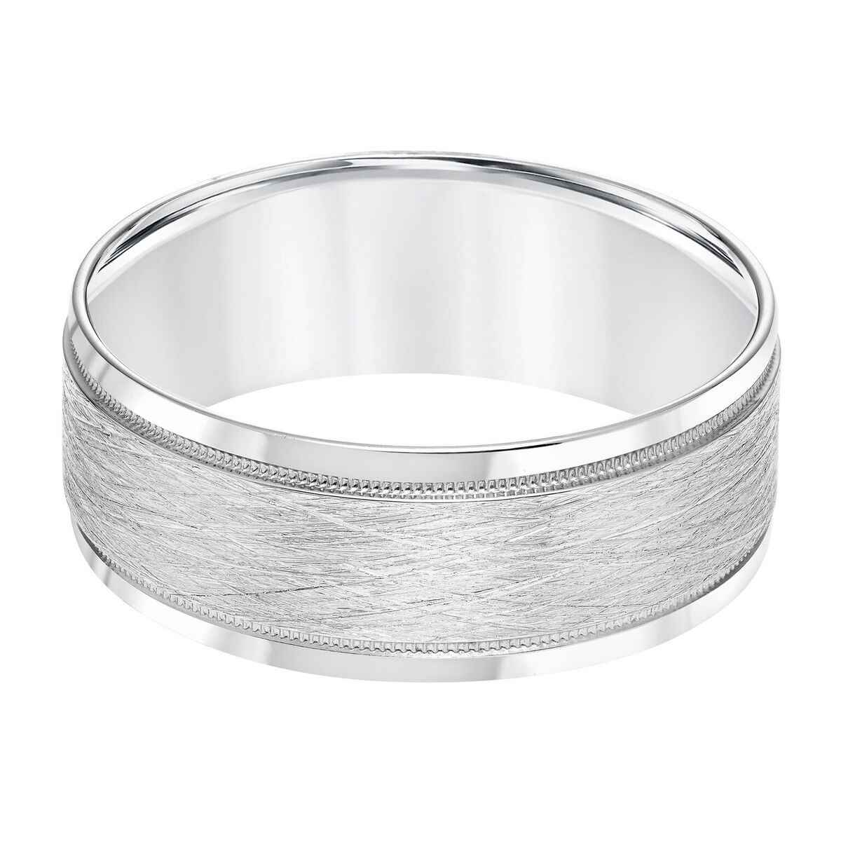 Men's 8MM Carved Wire Detail Center Wedding Band with Stamped Edging in 14K White Gold