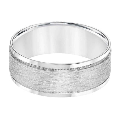 Men's 8MM Carved Wire Detail Center Wedding Band with Stamped Edging in 14K White Gold