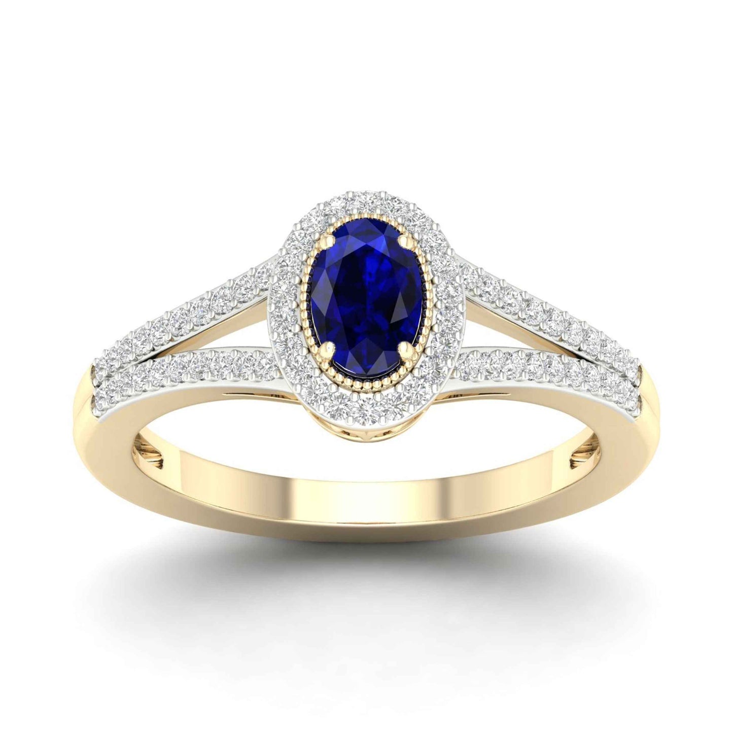 Blue Oval Sapphire and 1/6 ct. tw. Diamond Ring with Milgrain and Filigree Design in 10K Yellow Gold