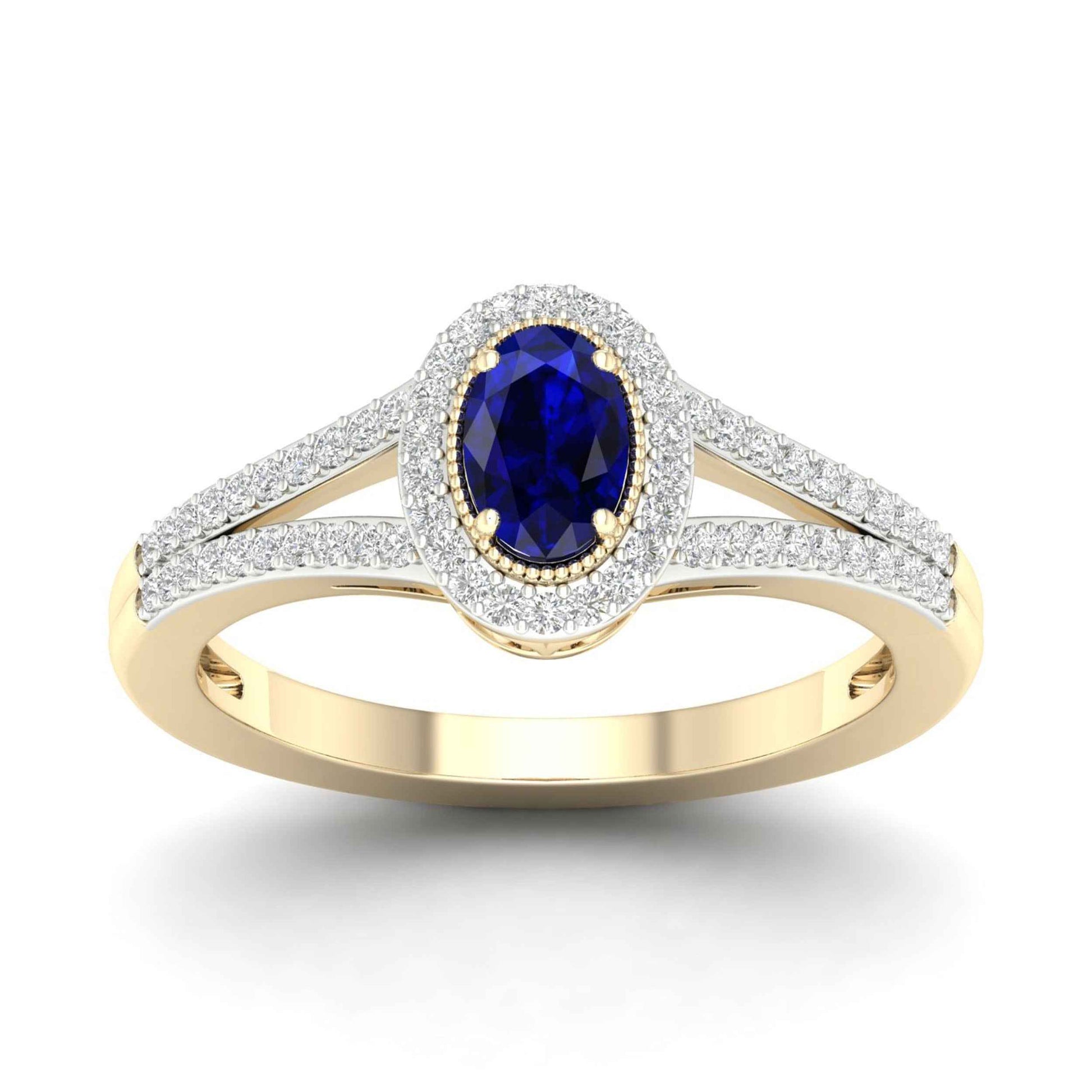 Blue Oval Sapphire and 1/6 ct. tw. Diamond Ring with Milgrain and Filigree Design in 10K Yellow Gold