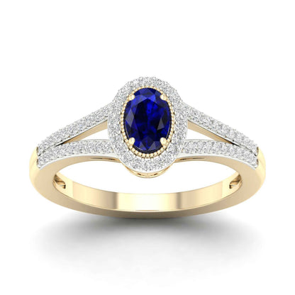 Blue Oval Sapphire and 1/6 ct. tw. Diamond Ring with Milgrain and Filigree Design in 10K Yellow Gold