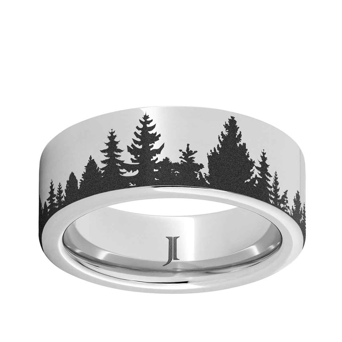 Men's 8mm Serinium Flat Ring with Lasered Pine Trees