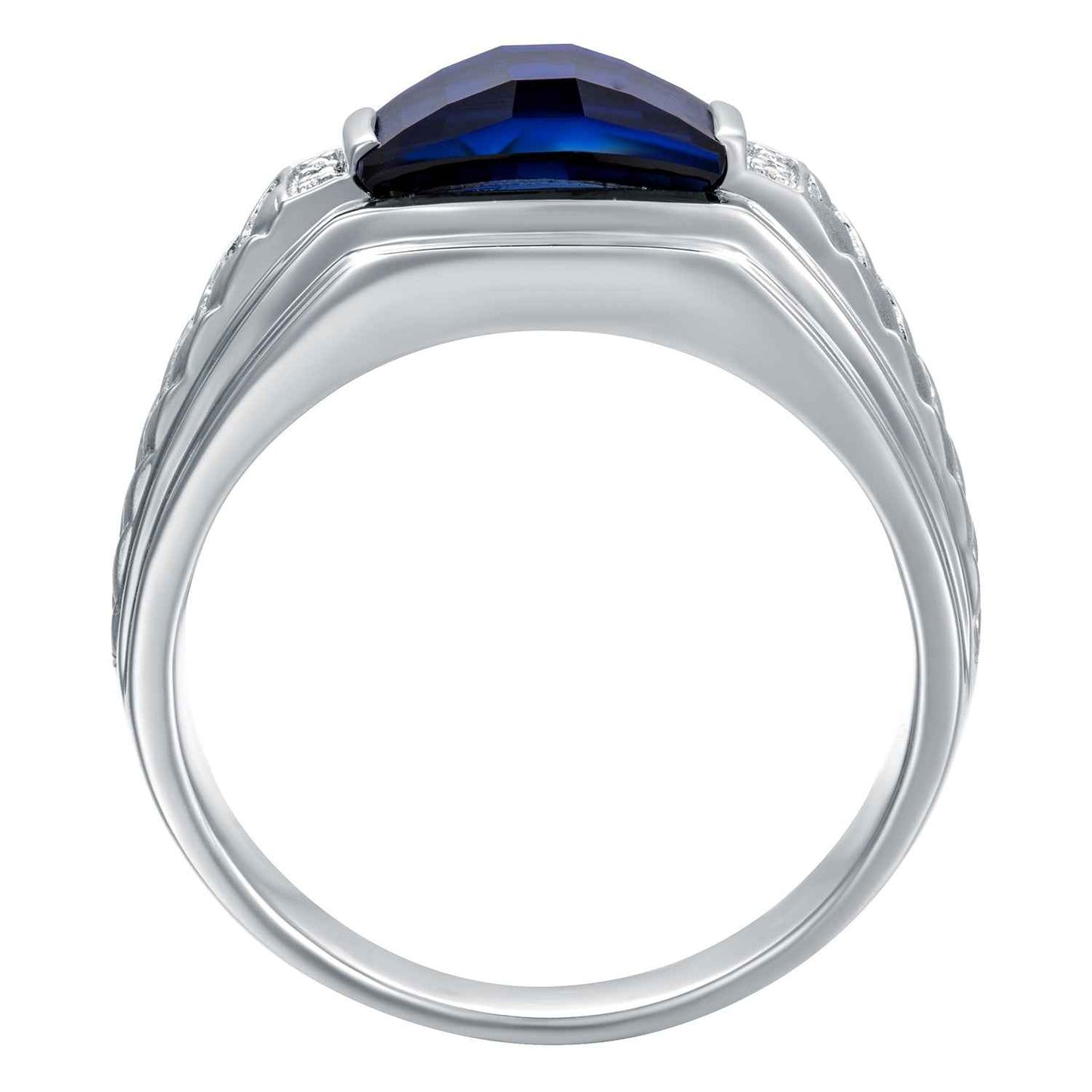 Men's Created Barrel Cut Blue Sapphire Ring with .01 ct. tw. Diamond Accents & Braided Center Band Design in front view