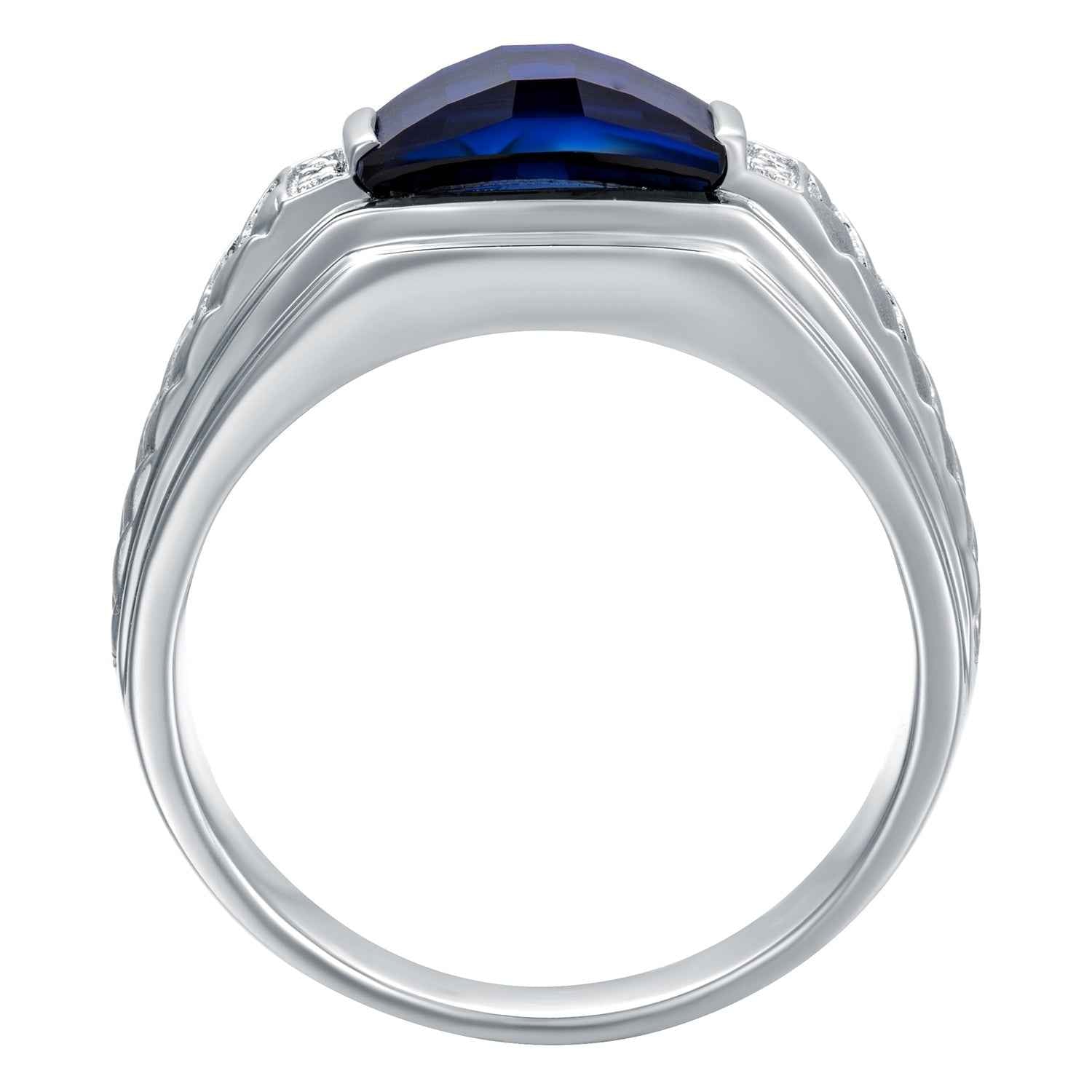 Men's Created Barrel Cut Blue Sapphire Ring with .01 ct. tw. Diamond Accents & Braided Center Band Design in front view