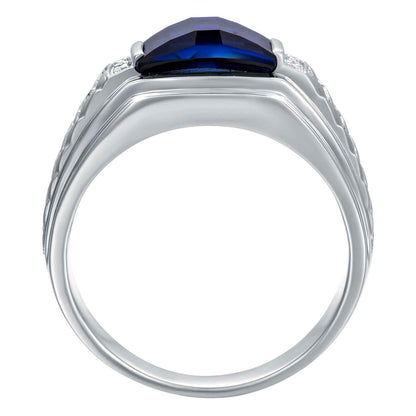 Men's Created Barrel Cut Blue Sapphire Ring with .01 ct. tw. Diamond Accents & Braided Center Band Design in front view