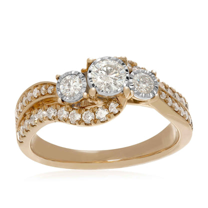 7/8 ct. tw. Round Brilliant 3-Stone Diamond Bypass Engagement Ring with Miracle Plates in 14K Yellow Gold