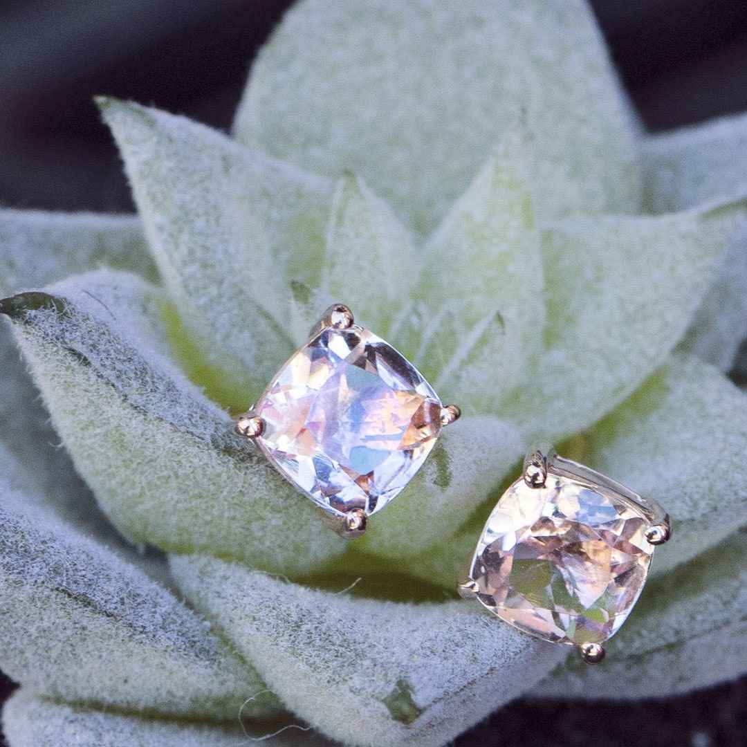 Impulse Collection Genuine Cushion Cut Morganite Earrings in 14K Pink Gold front view