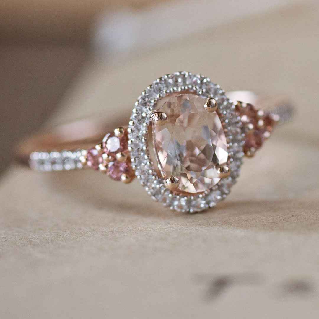 Impulse Collection Genuine Oval Morganite Fashion Ring with 1/10 ct. tw. Diamond Halo & Pink Sapphire Accented side profile