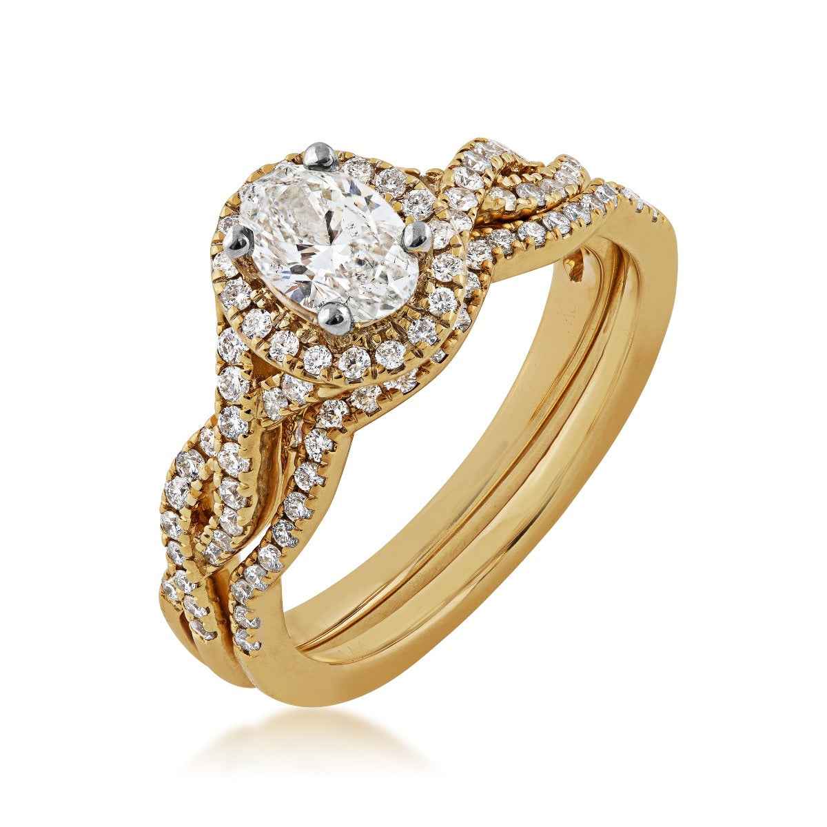 Amaura Collection 1 ct. tw Oval Halo Wedding Set with Side Twist Design in 14K Yellow Gold - 14Y-OV front view
