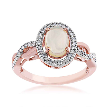 Genuine Oval Opal & 1/4 ct. tw. Round Diamond Halo Ring with Twist Band in 10K. Pink Gold