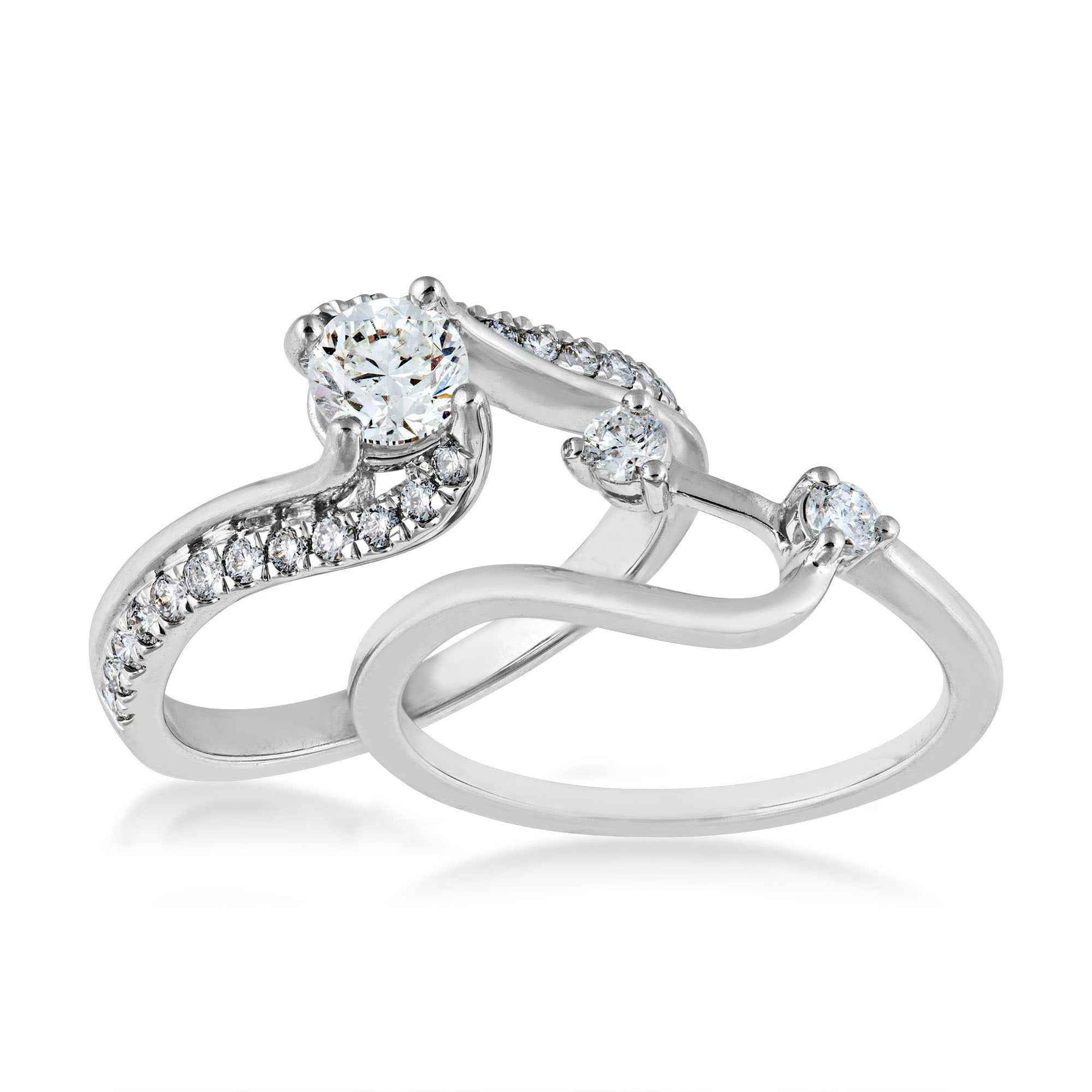 Canadian Rocks 7/8 ct. tw. Round Brilliant Diamond Wedding Set with Twist Accented Band in 14K White Gold front view