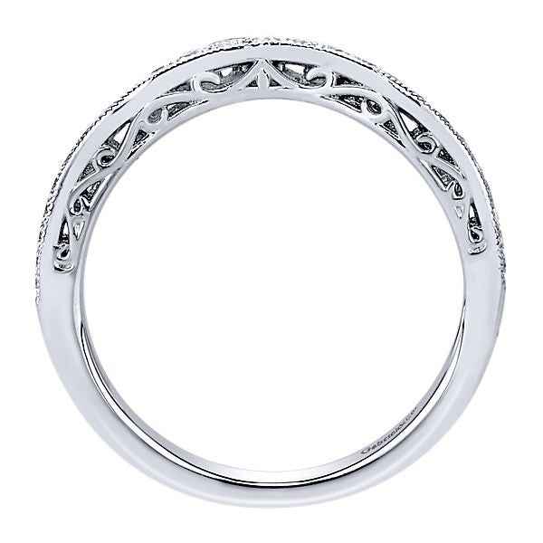 Gabriel & Co. .21 ct. tw. Curved Wedding Band with Filigree Side Detailing and Milgrain Edging in 14K White Gold front view