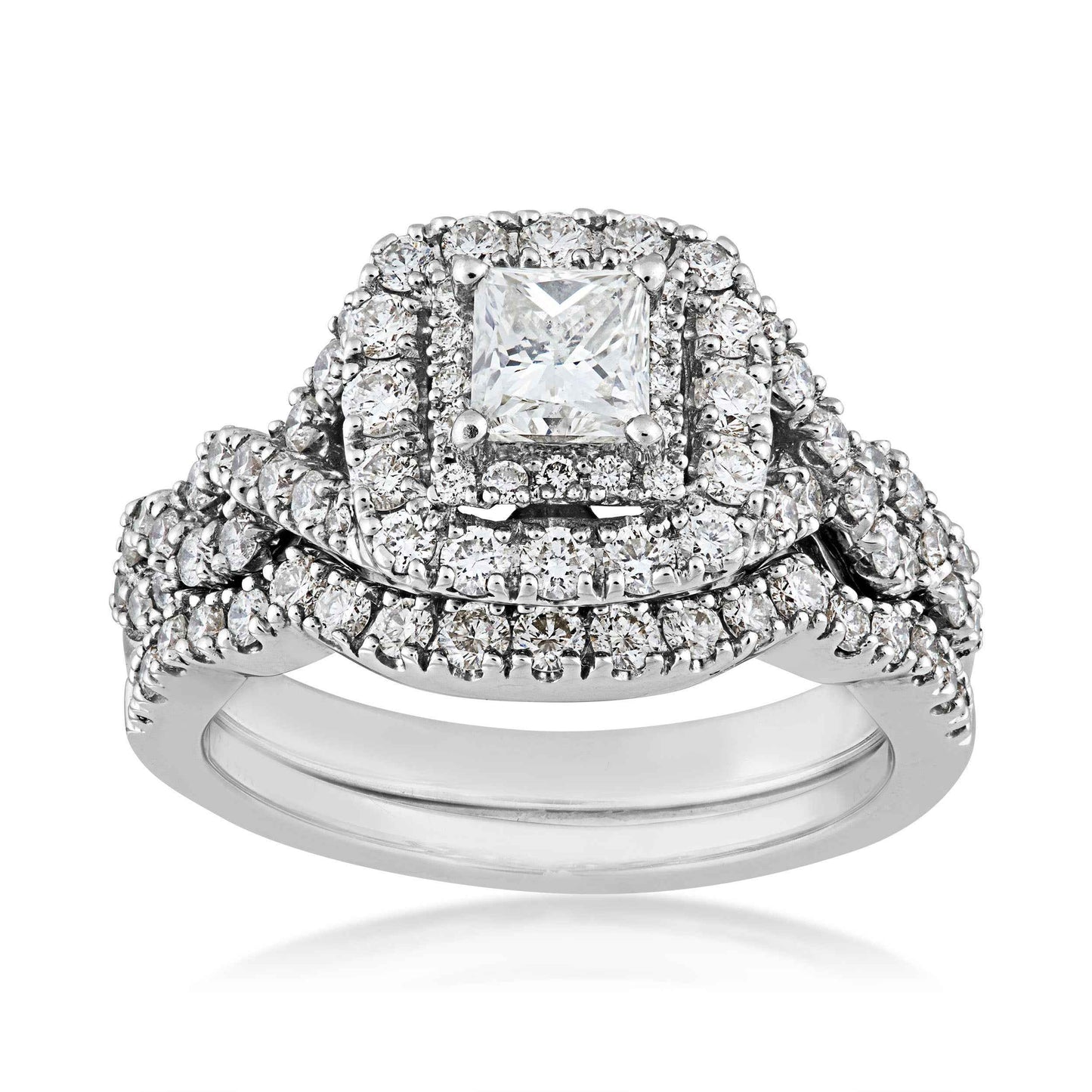 Natural 1-3/4 ct. tw. Princess Cut Diamond Double Halo Twist Wedding Set in 14K White Gold