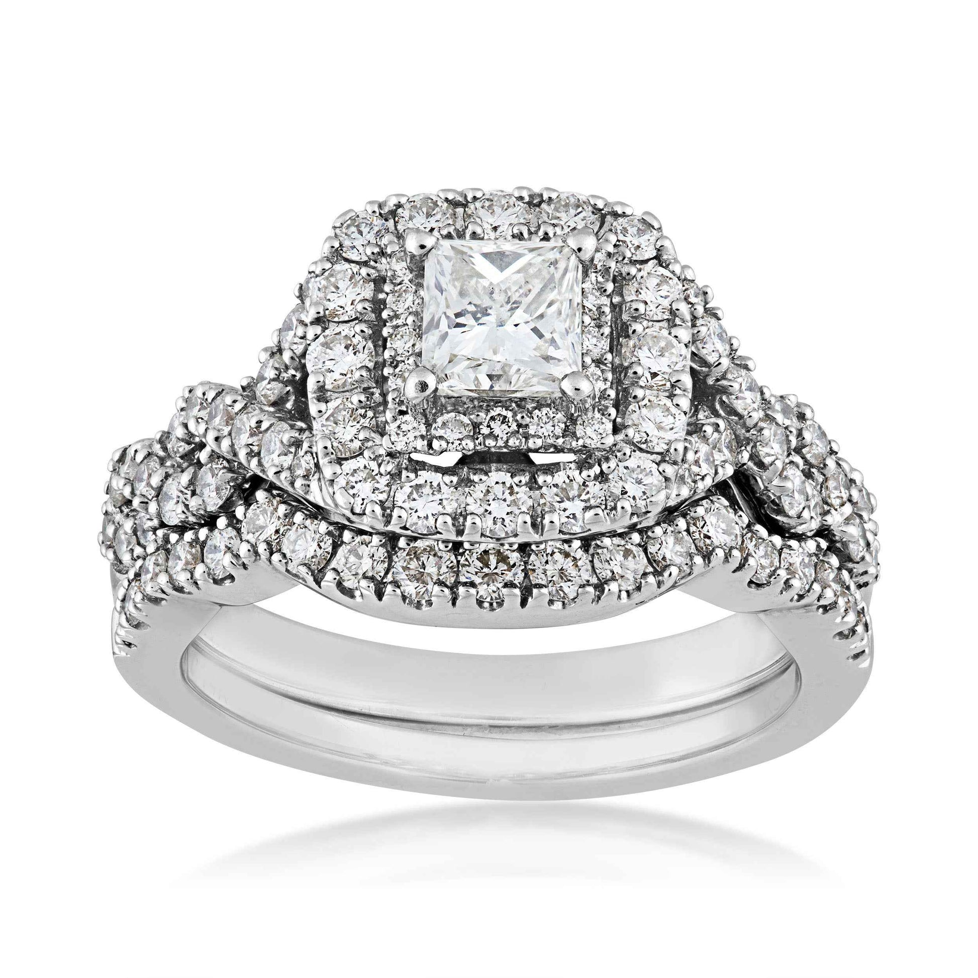 Natural 1-3/4 ct. tw. Princess Cut Diamond Double Halo Twist Wedding Set in 14K White Gold