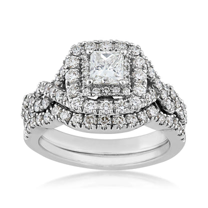Natural 1-3/4 ct. tw. Princess Cut Diamond Double Halo Twist Wedding Set in 14K White Gold