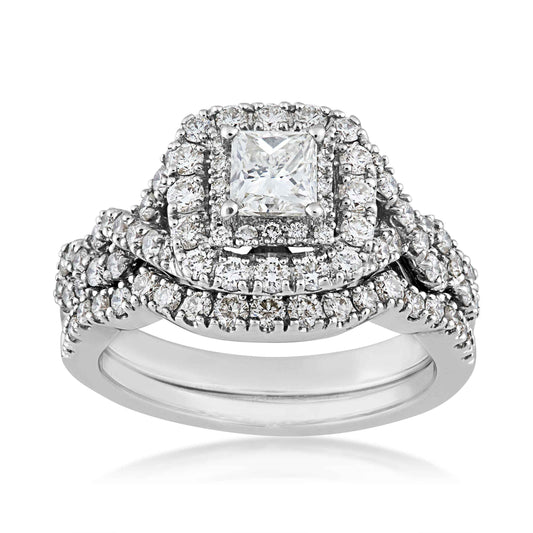 Natural 1-3/4 ct. tw. Princess Cut Diamond Double Halo Twist Wedding Set in 14K White Gold