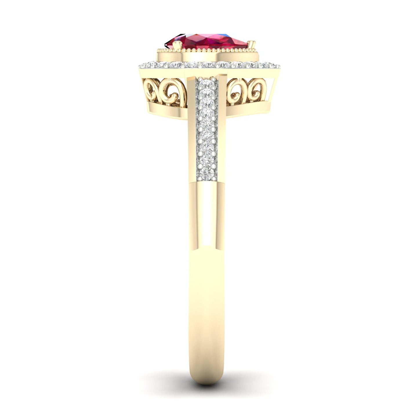 Red Pear-Shaped Ruby and 1/8 ct. tw. Diamond Halo Ring with Milgrain and Filigree Design in 10K Yellow Gold front view
